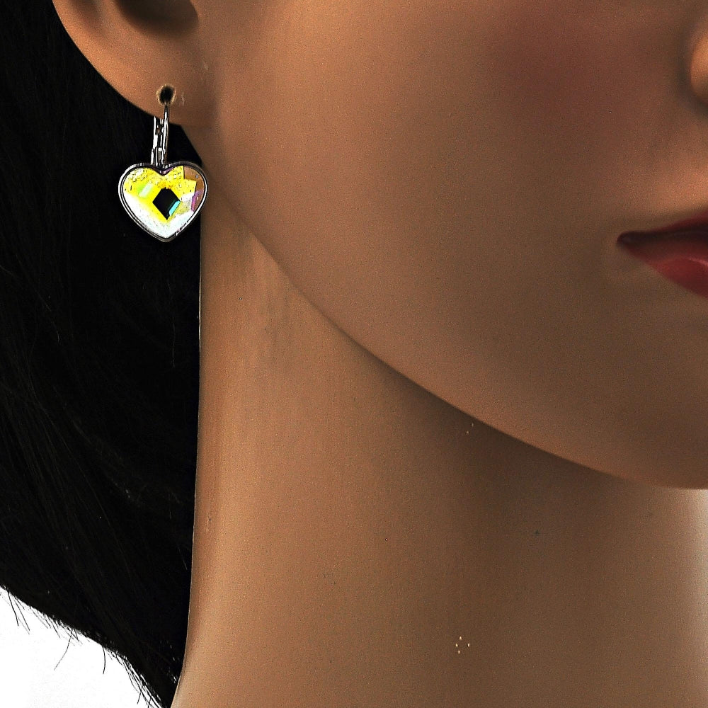White Gold Filled Leverback Earring, Heart Design, with Aurore Boreale Swarovski Crystals, Polished, Rhodium Finish