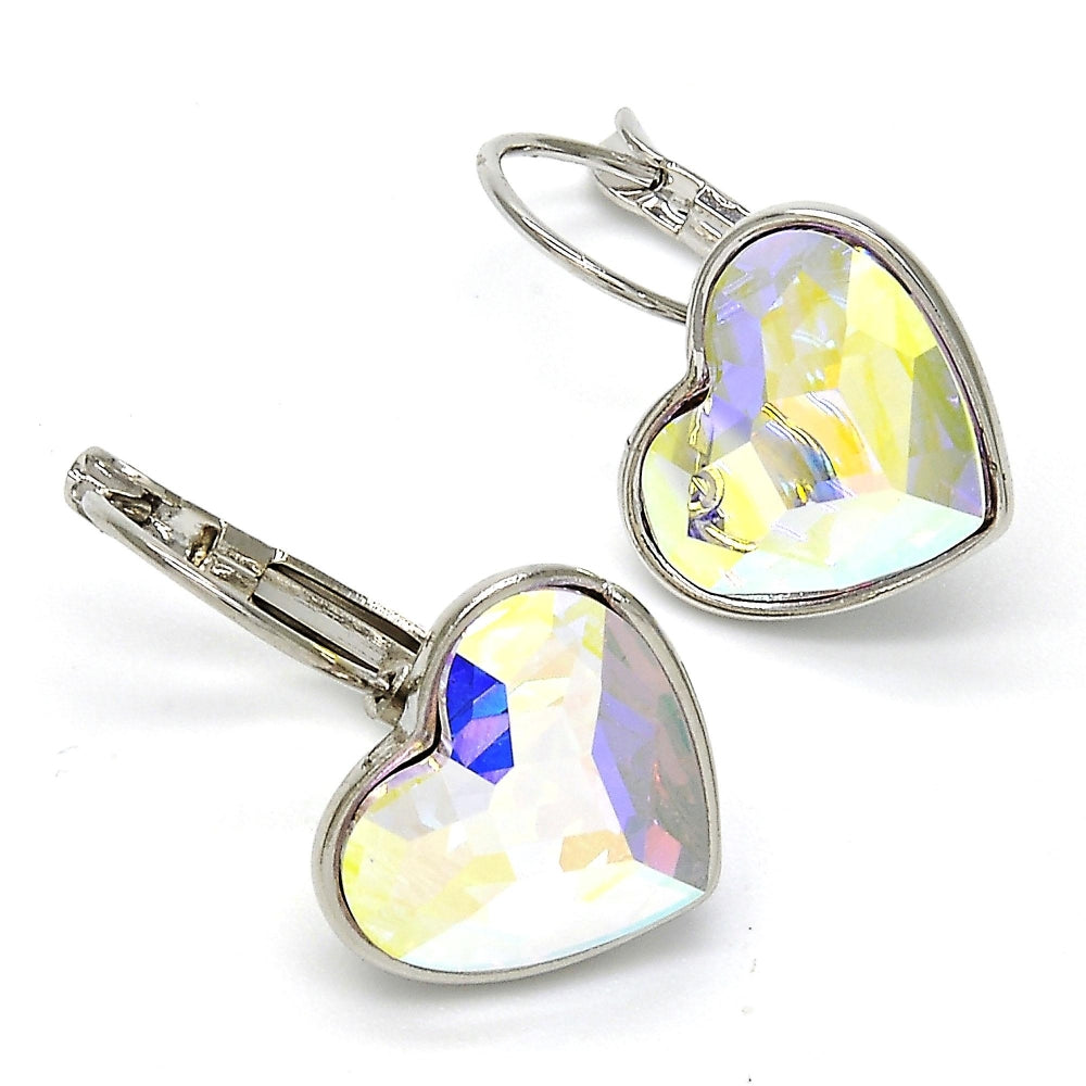 Rhodium Gold Filled Leverback Earring, Heart Design, with Aurore Boreale Swarovski Crystals, Polished, Rhodium Finish