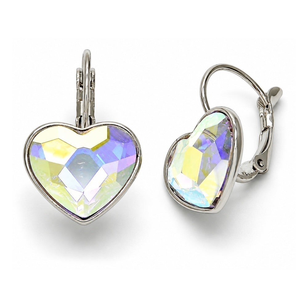 White Gold Filled Leverback Earring, Heart Design, with Aurore Boreale Swarovski Crystals, Polished, Rhodium Finish