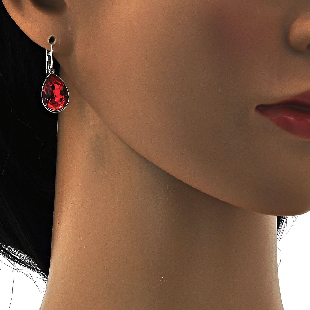 Rhodium Gold Filled Leverback Earring, Teardrop Design, with Padparadscha Swarovski Crystals, Polished, Rhodium Finish