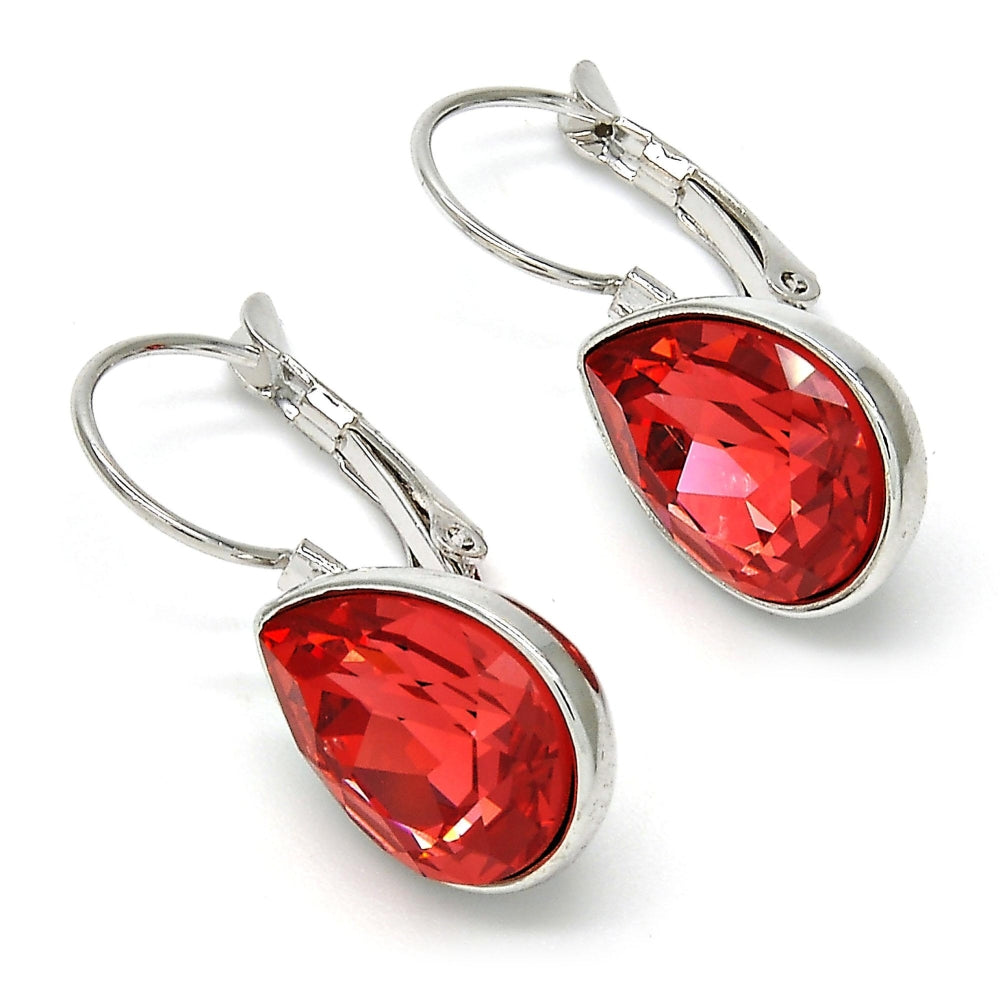 White Gold Filled Leverback Earring, Teardrop Design, with Padparadscha Swarovski Crystals, Polished, Rhodium Finish