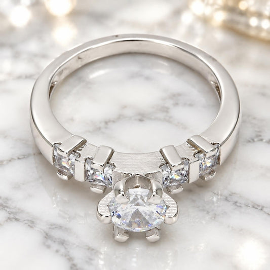 White Gold Filled Multi Stone Ring, Baguette Design, with White Cubic Zirconia, Polished, Rhodium Finish