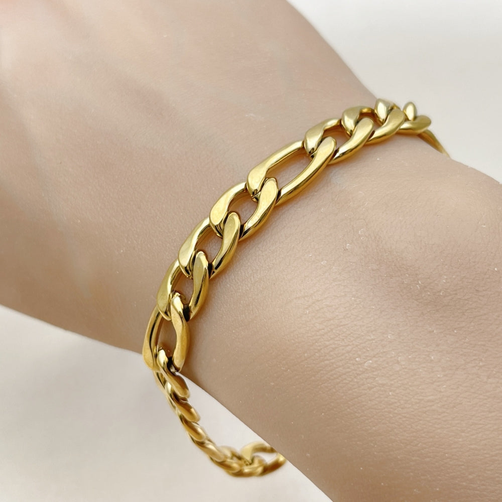 Stainless Steel Basic Bracelet, Figaro Design, Polished, Golden Finish