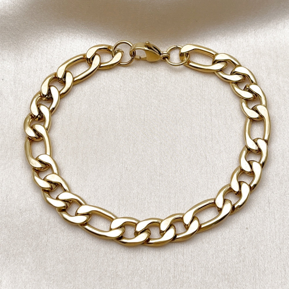 Stainless Steel Basic Bracelet, Figaro Design, Polished, Golden Finish