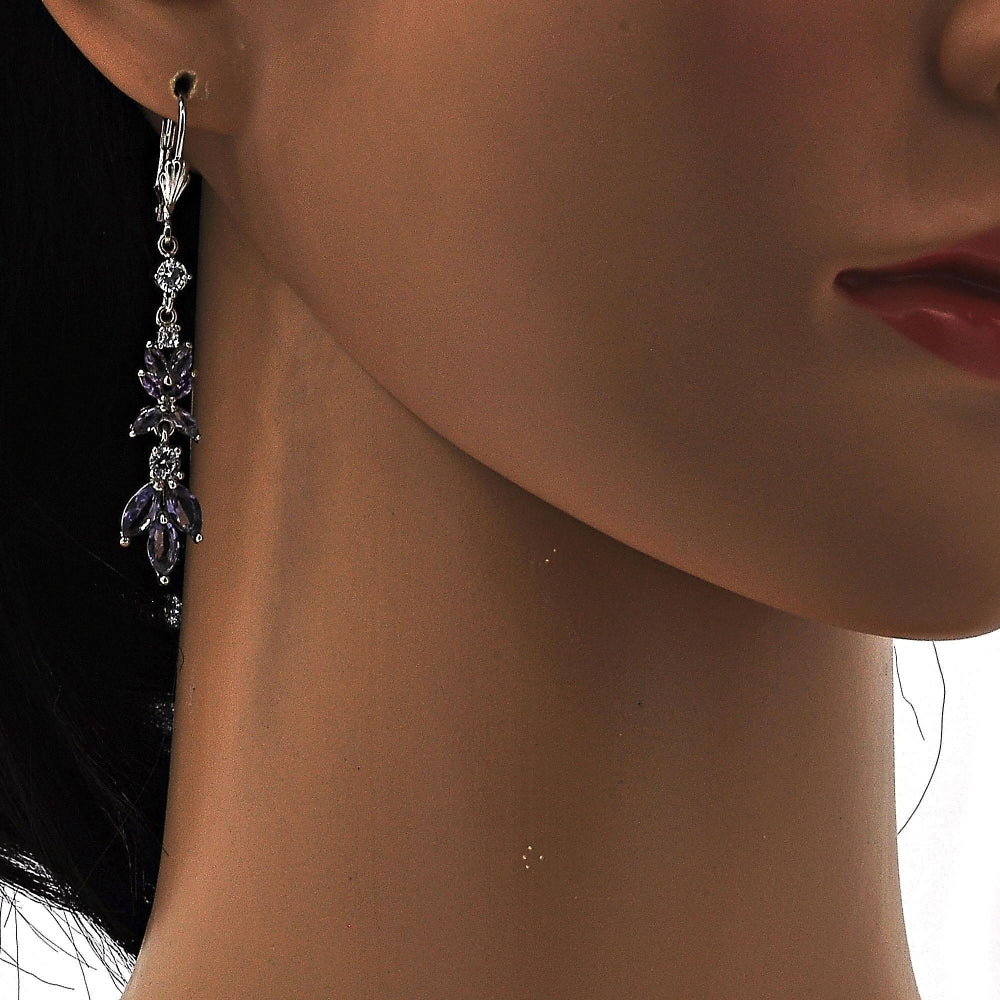 Rhodium Gold Filled Long Earring, Leaf Design, with Amethyst and White Cubic Zirconia, Polished, Rhodium Finish