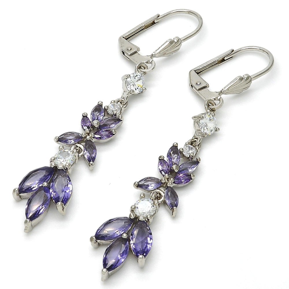 Rhodium Gold Filled Long Earring, Leaf Design, with Amethyst and White Cubic Zirconia, Polished, Rhodium Finish