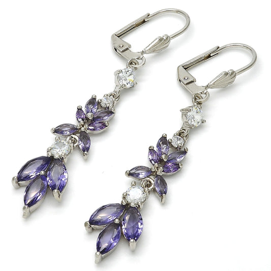 Rhodium Gold Filled Long Earring, Leaf Design, with Amethyst and White Cubic Zirconia, Polished, Rhodium Finish