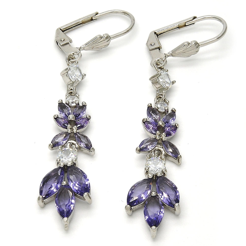 Rhodium Gold Filled Long Earring, Leaf Design, with Amethyst and White Cubic Zirconia, Polished, Rhodium Finish