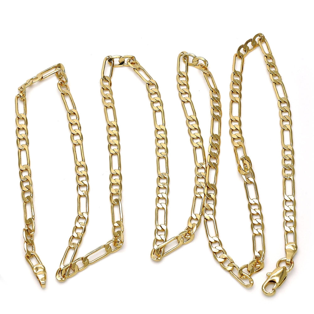 Gold Tone Basic Necklace, Figaro Design, Polished, Golden Finish