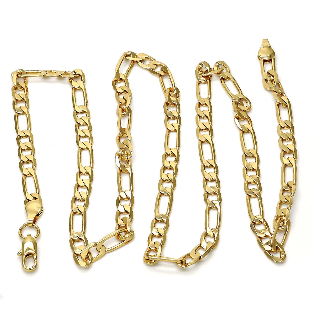 Gold Tone Basic Necklace, Figaro Design, Polished, Golden Finish