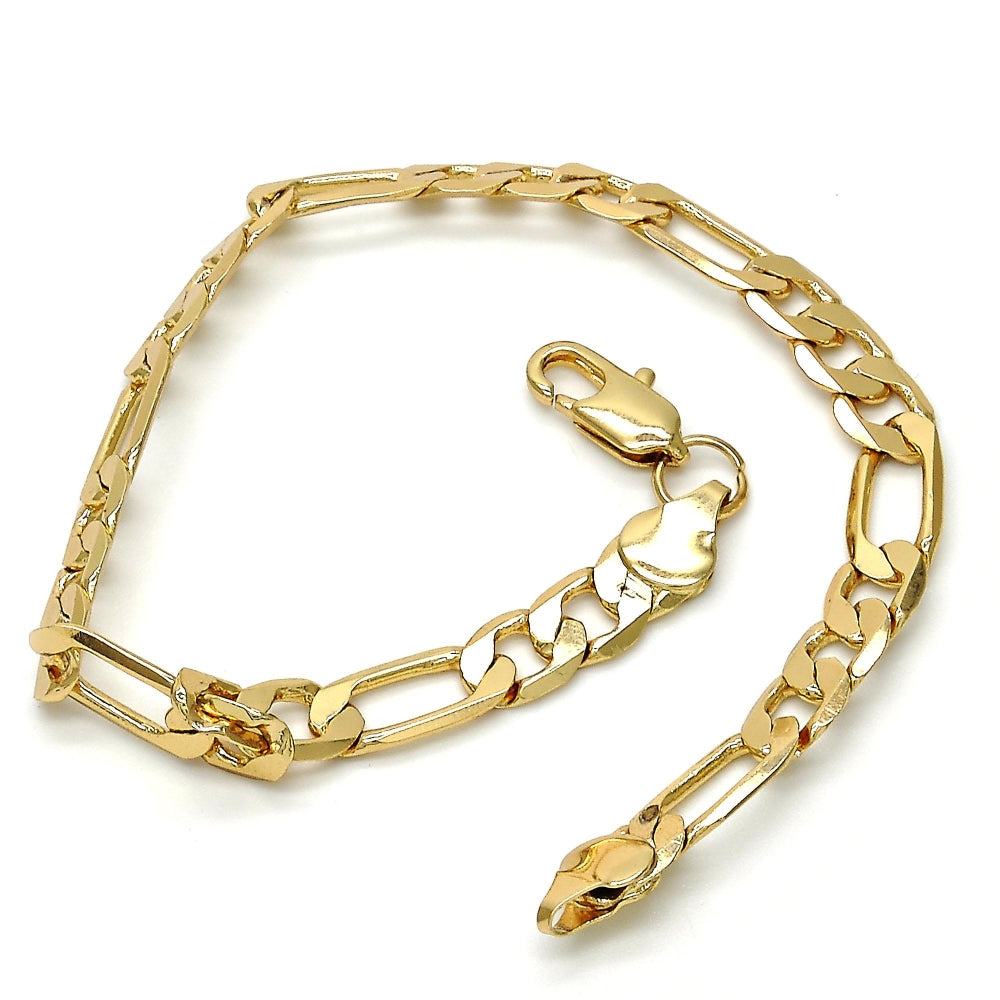 Gold Tone Basic Bracelet, Figaro Design, Polished, Golden Finish