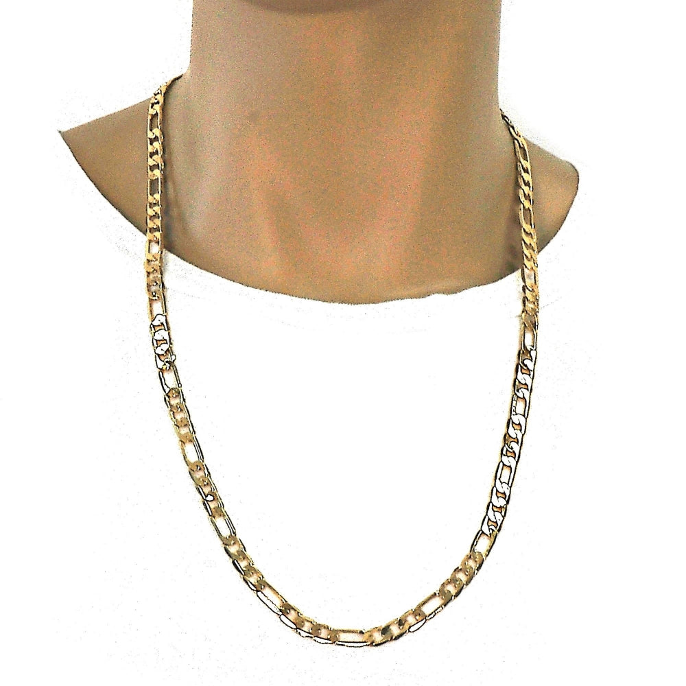 Gold Tone Basic Necklace, Figaro Design, Polished, Golden Finish