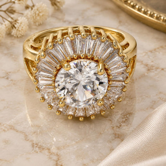 Oro Laminado Multi Stone Ring, Gold Filled Style Flower and Baguette Design, with White Cubic Zirconia, Polished, Golden Finish