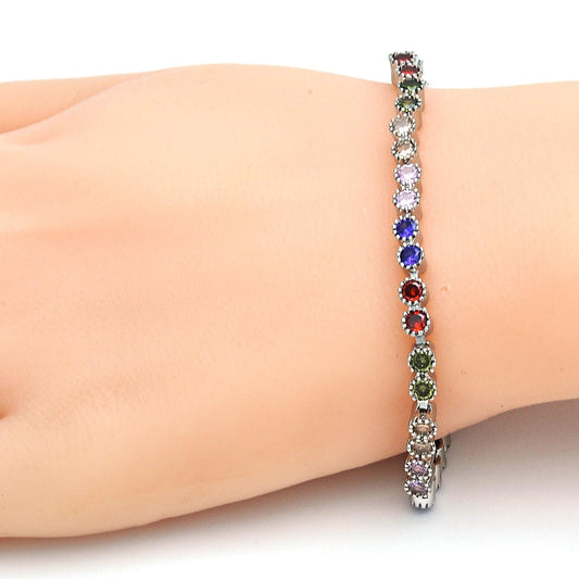 Rhodium Gold Filled Tennis Bracelet, with Multicolor Cubic Zirconia, Polished, Rhodium Finish