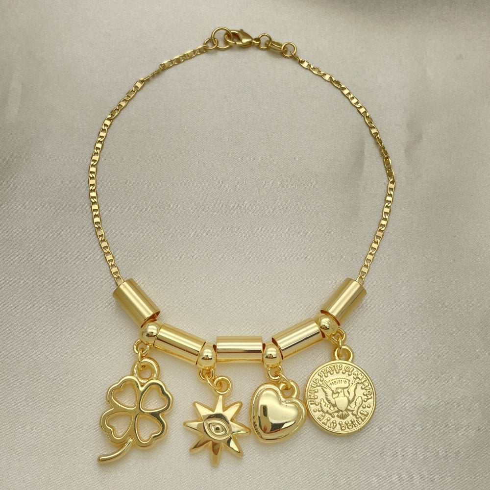 Gold Anklet - Spacers w/ Cloverleaf, Eye, Heart, and Coin Charm Handmade w/ Highest Craftsmanship - Gold Filled Style Anklets 03.32.0588.10