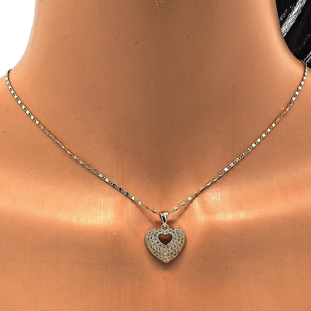 Oro Laminado Pendant Necklace, Gold Filled Style Heart Design, with White Micro Pave, Polished, Golden Finish