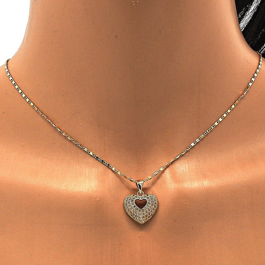 Oro Laminado Pendant Necklace, Gold Filled Style Heart Design, with White Micro Pave, Polished, Golden Finish