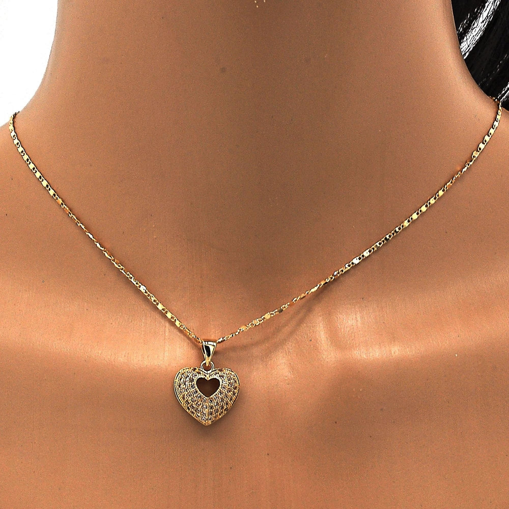 Oro Laminado Pendant Necklace, Gold Filled Style Heart Design, with White Micro Pave, Polished, Golden Finish