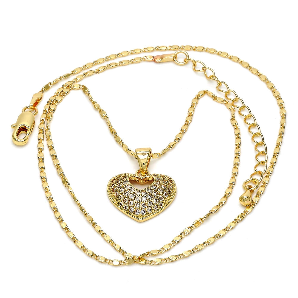 Oro Laminado Pendant Necklace, Gold Filled Style Heart Design, with White Micro Pave, Polished, Golden Finish