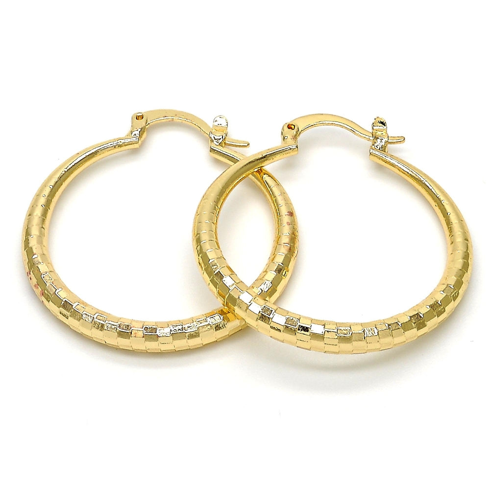 Oro Laminado Medium Hoop, Gold Filled Style Hollow Design, Diamond Cutting Finish, Golden Finish