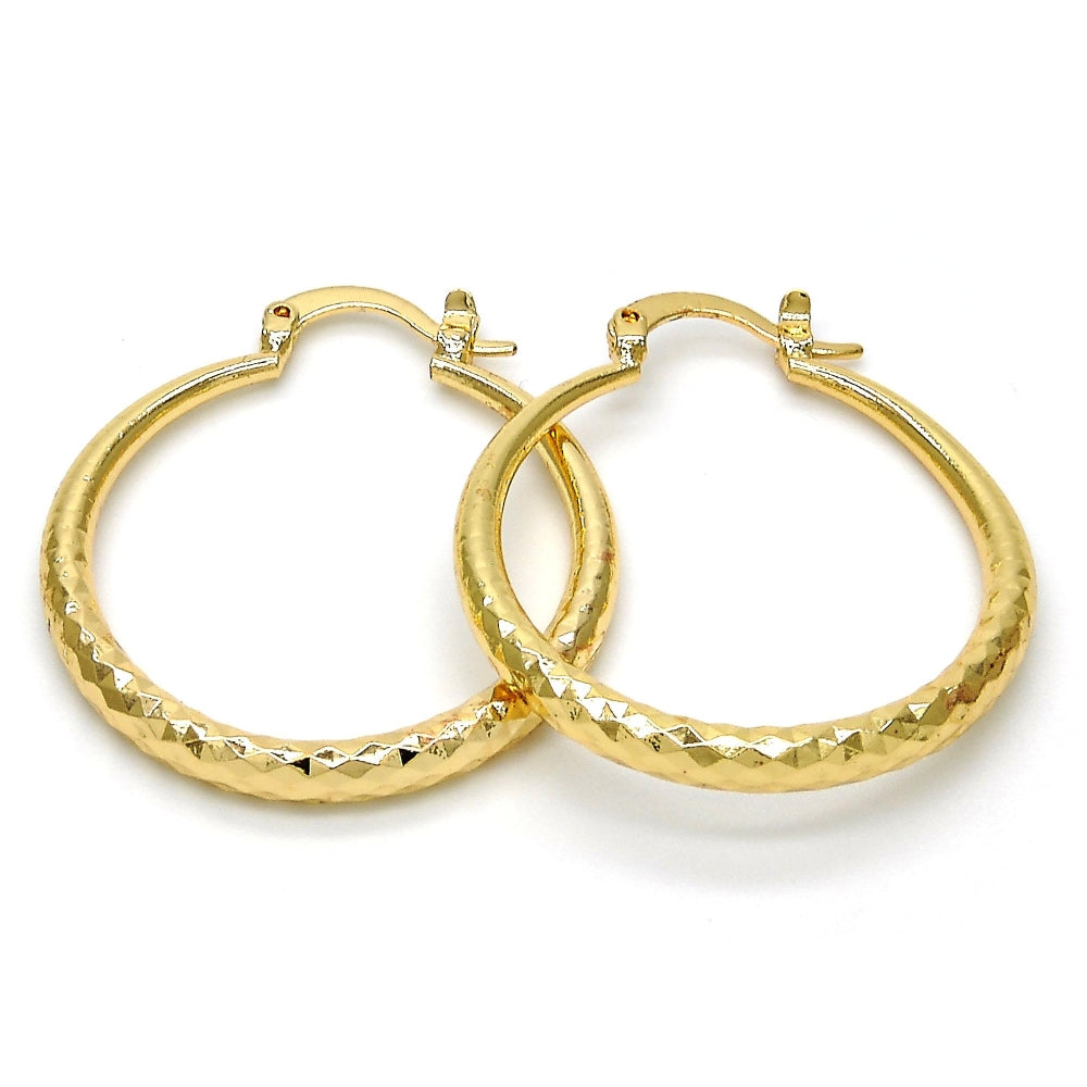 Oro Laminado Medium Hoop, Gold Filled Style Hollow Design, Diamond Cutting Finish, Golden Finish