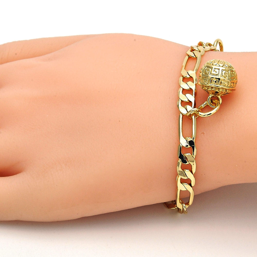 Gold Tone Charm Bracelet, Rattle Charm and Greek Key Design, Polished, Golden Finish