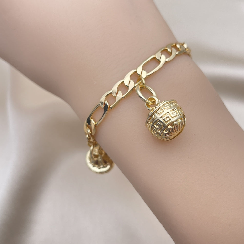 Gold Tone Charm Bracelet, Rattle Charm and Greek Key Design, Polished, Golden Finish