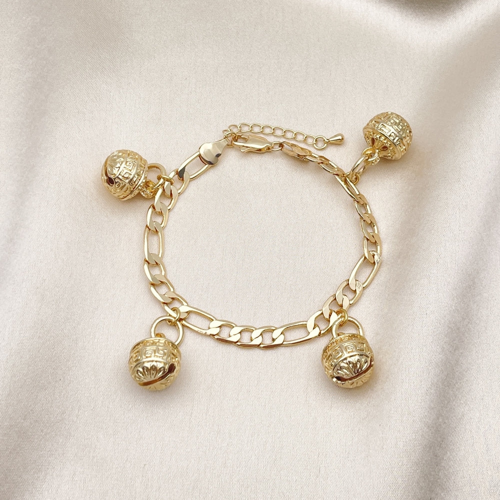 Gold Tone Charm Bracelet, Rattle Charm and Greek Key Design, Polished, Golden Finish