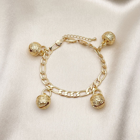 Gold Tone Charm Bracelet, Rattle Charm and Greek Key Design, Polished, Golden Finish
