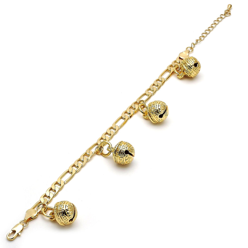 Gold Tone Charm Bracelet, Rattle Charm and Greek Key Design, Polished, Golden Finish