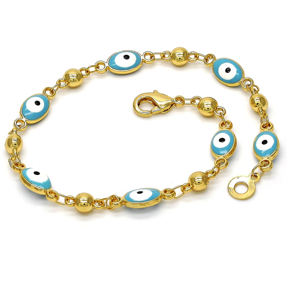 Gold Tone Fancy Bracelet, Evil Eye Design, Turquoise Enamel Finish, Golden Finish