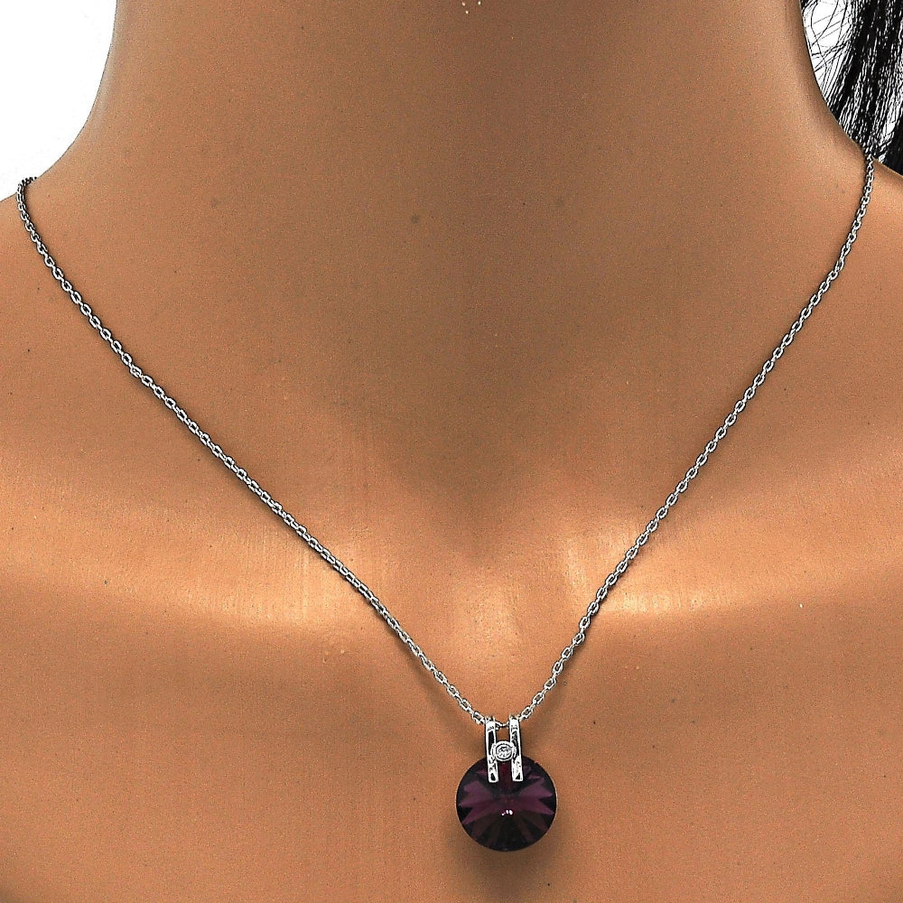 Rhodium Gold Filled Pendant Necklace, with Amethyst Swarovski Crystals and White Micro Pave, Polished, Rhodium Finish