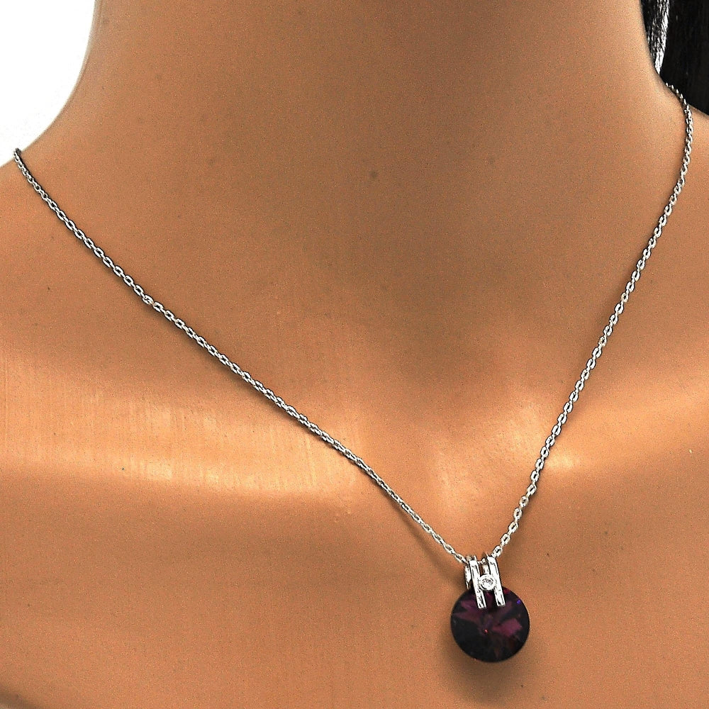 Rhodium Gold Filled Pendant Necklace, with Amethyst Swarovski Crystals and White Micro Pave, Polished, Rhodium Finish