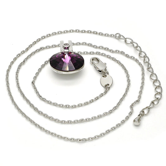 Rhodium Gold Filled Pendant Necklace, with Amethyst Swarovski Crystals and White Micro Pave, Polished, Rhodium Finish