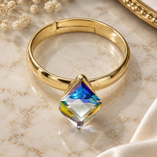 Oro Laminado Multi Stone Ring, Gold Filled Style with Vitrail Light Swarovski Crystals, Polished, Golden Finish