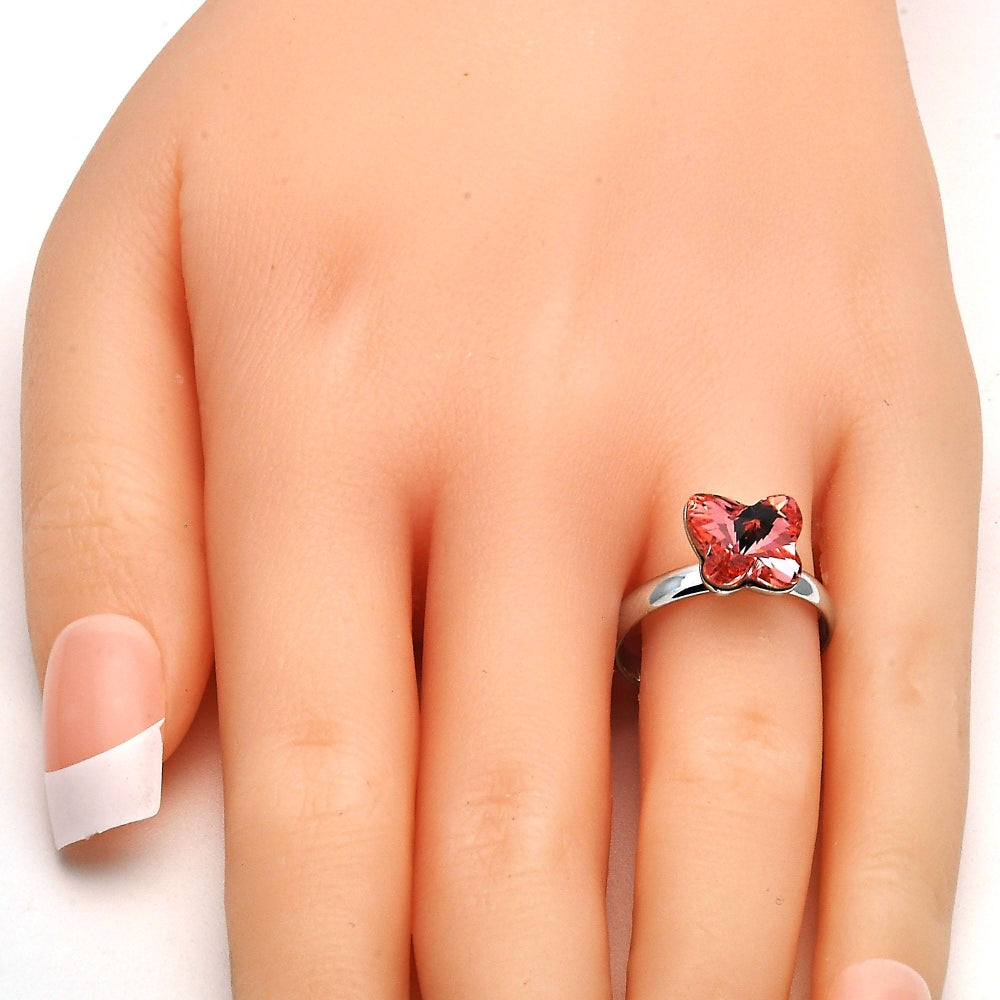 Rhodium Gold Filled Multi Stone Ring, Butterfly Design, with Rose Peach Swarovski Crystals, Polished, Rhodium Finish