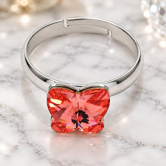White Gold Filled Multi Stone Ring, Butterfly Design, with Rose Peach Swarovski Crystals, Polished, Rhodium Finish