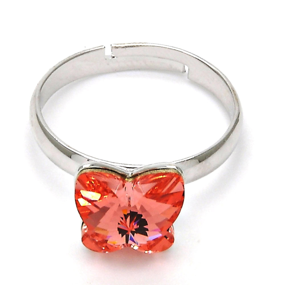 Rhodium Gold Filled Multi Stone Ring, Butterfly Design, with Rose Peach Swarovski Crystals, Polished, Rhodium Finish