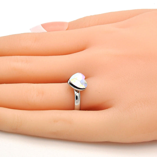 Rhodium Gold Filled Multi Stone Ring, Heart Design, with Aurore Boreale Swarovski Crystals, Polished, Rhodium Finish