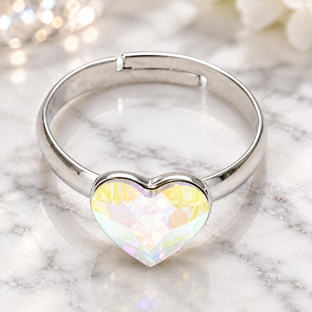 White Gold Filled Multi Stone Ring, Heart Design, with Aurore Boreale Swarovski Crystals, Polished, Rhodium Finish