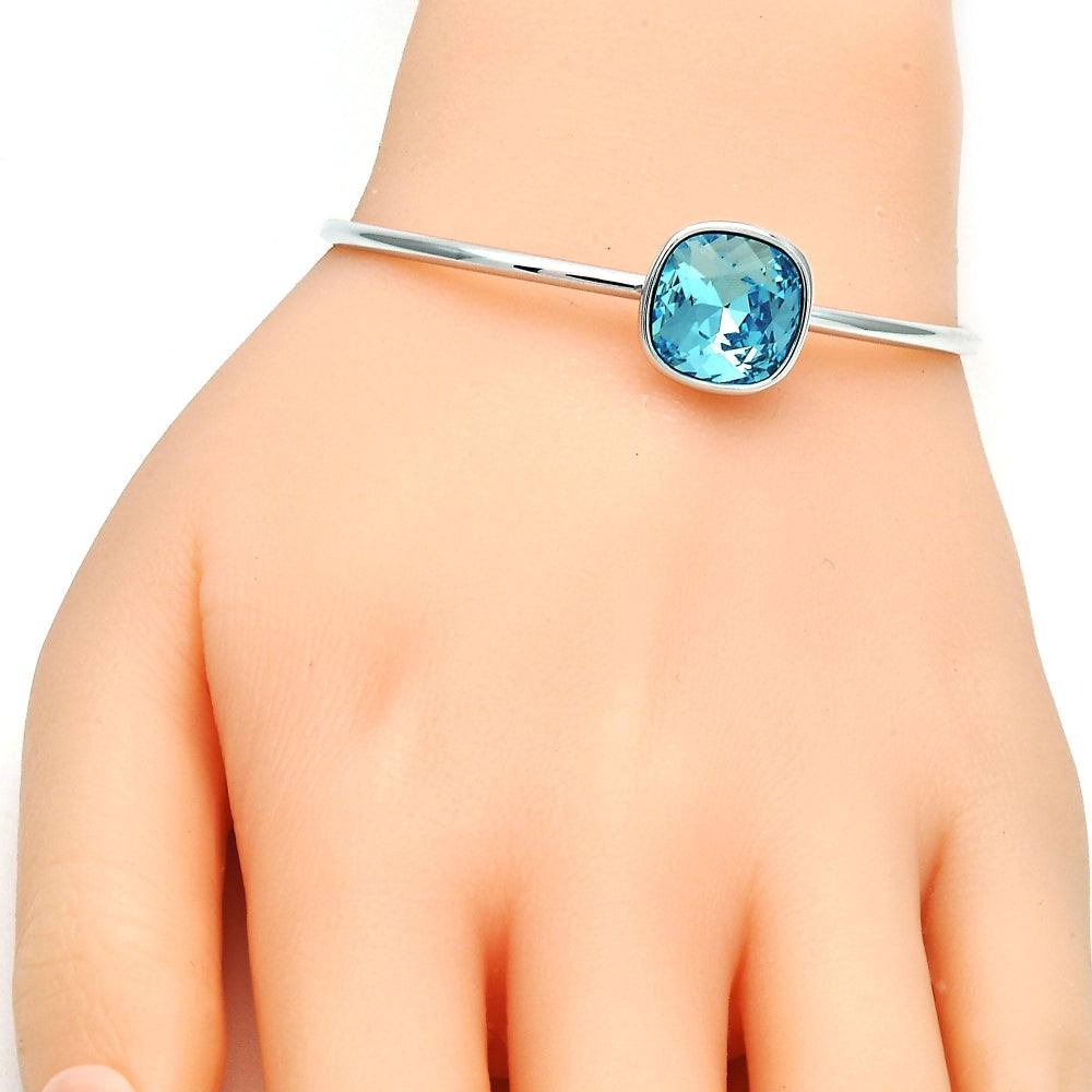 White Gold Filled Individual Bangle, with Light Turquoise Swarovski Crystals, Polished, Rhodium Finish