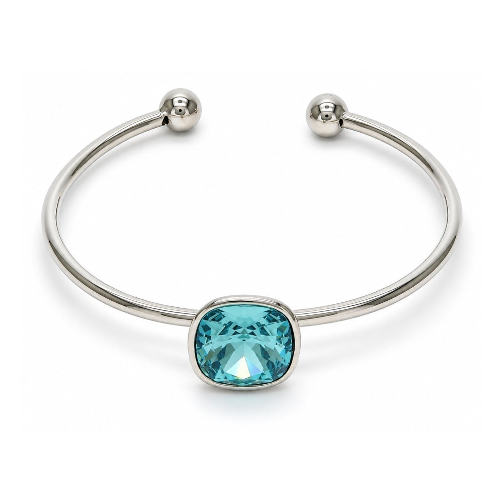 White Gold Filled Individual Bangle, with Light Turquoise Swarovski Crystals, Polished, Rhodium Finish