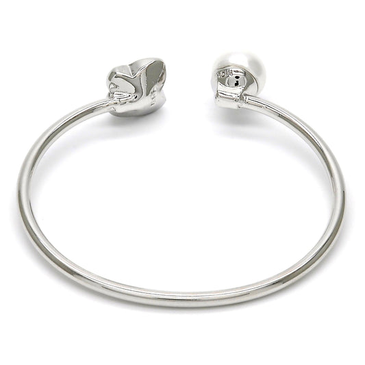Rhodium Gold Filled Individual Bangle, Butterfly Design, with Crystal Swarovski Crystals and Ivory Pearl, Polished, Rhodium Finish