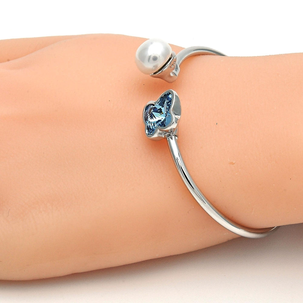 Rhodium Gold Filled Individual Bangle, Butterfly Design, with Aquamarine Swarovski Crystals and Ivory Pearl, Polished, Rhodium Finish