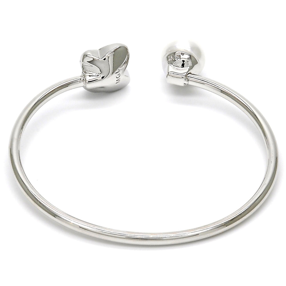 Rhodium Gold Filled Individual Bangle, Butterfly Design, with Aquamarine Swarovski Crystals and Ivory Pearl, Polished, Rhodium Finish