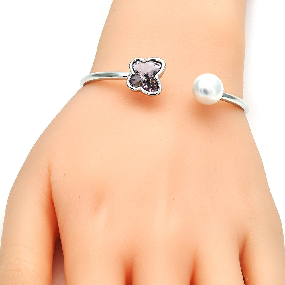 Rhodium Gold Filled Individual Bangle, Butterfly Design, with Amethyst Swarovski Crystals and Ivory Pearl, Polished, Rhodium Finish