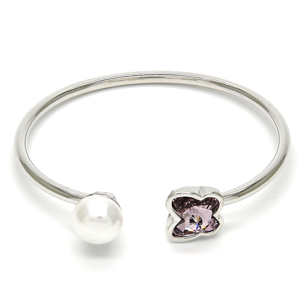 Rhodium Gold Filled Individual Bangle, Butterfly Design, with Amethyst Swarovski Crystals and Ivory Pearl, Polished, Rhodium Finish