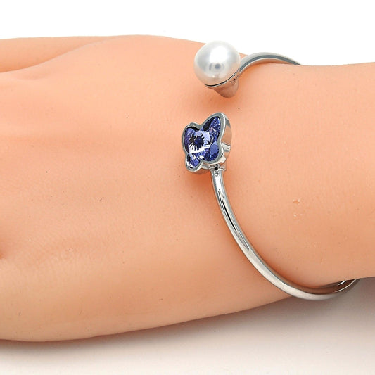 Rhodium Gold Filled Individual Bangle, Butterfly Design, with Provence Lavander Swarovski Crystals and Ivory Pearl, Polished, Rhodium Finish