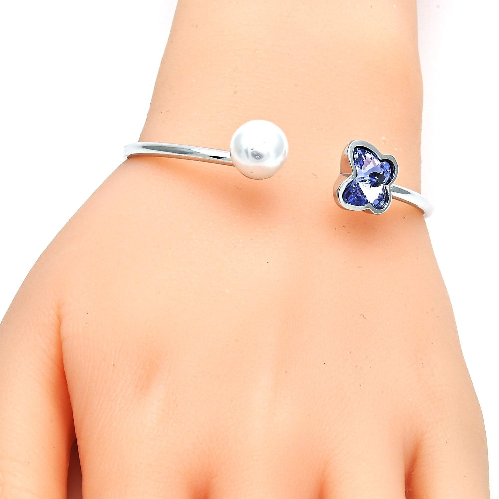 White Gold Filled Individual Bangle, Butterfly Design, with Provence Lavander Swarovski Crystals and Ivory Pearl, Polished, Rhodium Finish