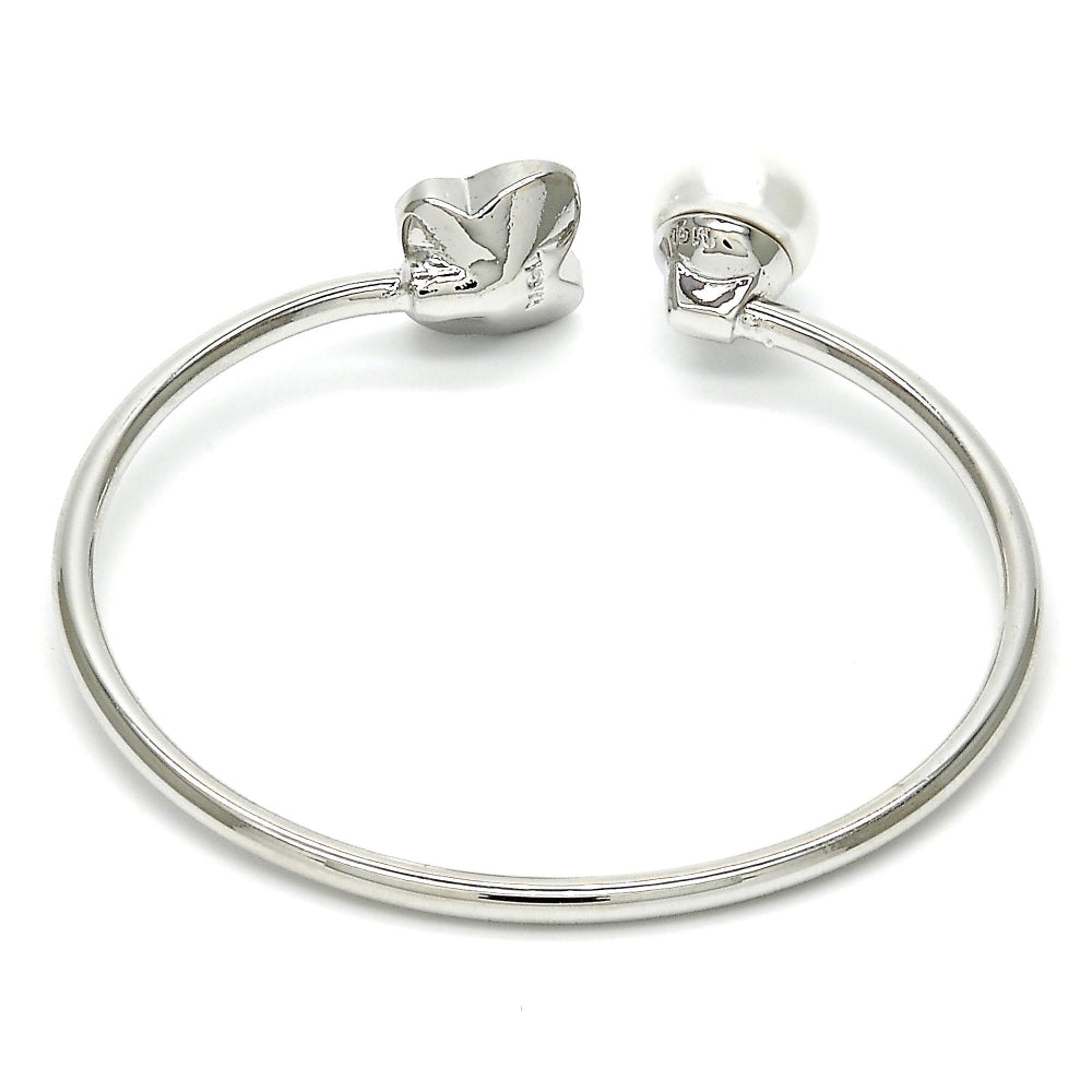 White Gold Filled Individual Bangle, Butterfly Design, with Provence Lavander Swarovski Crystals and Ivory Pearl, Polished, Rhodium Finish